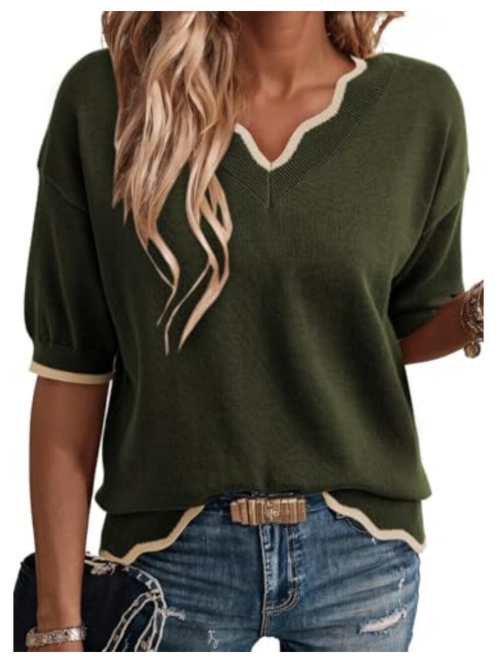 Short Sleeve Ribbed Knit V-Neck Sweater Pullover Lightweight Top